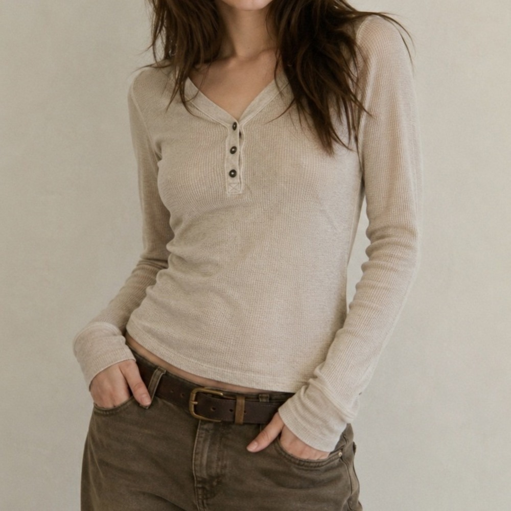 Vintage Faded Glory Women's Y2K Thermal Henley Size M Beige Elena Gilbert Preppy